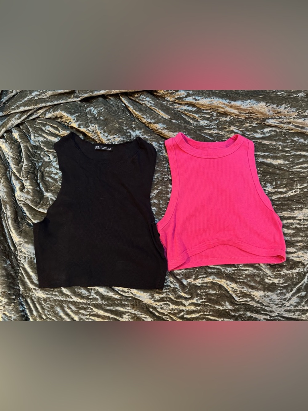 Black & Hot Pink Ribbed Crop Tank Tops